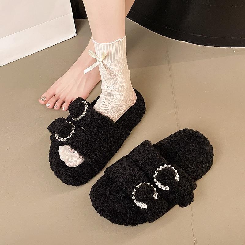 

Fashion Cotton Mopping Winter New Round Toe Open Toe Rhinestone Buckle Suede Platform Non-Slip Flats 35 чёрный
