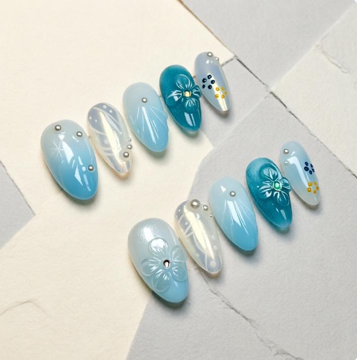 3D Blue Flower Carved Nail Art Stickers - Ocean Style for a Sweet and Cool Look