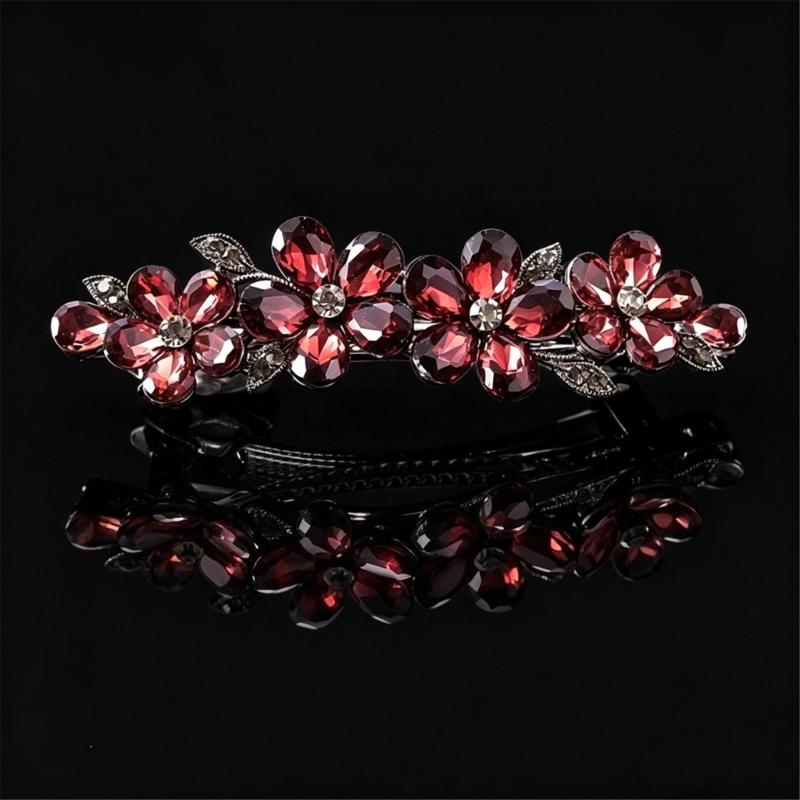 2-Piece Spring Hair Barrette Set Hairpin with Faceted Flowers and Leaf Trim for Holiday, Wedding and Stage Hairstyles