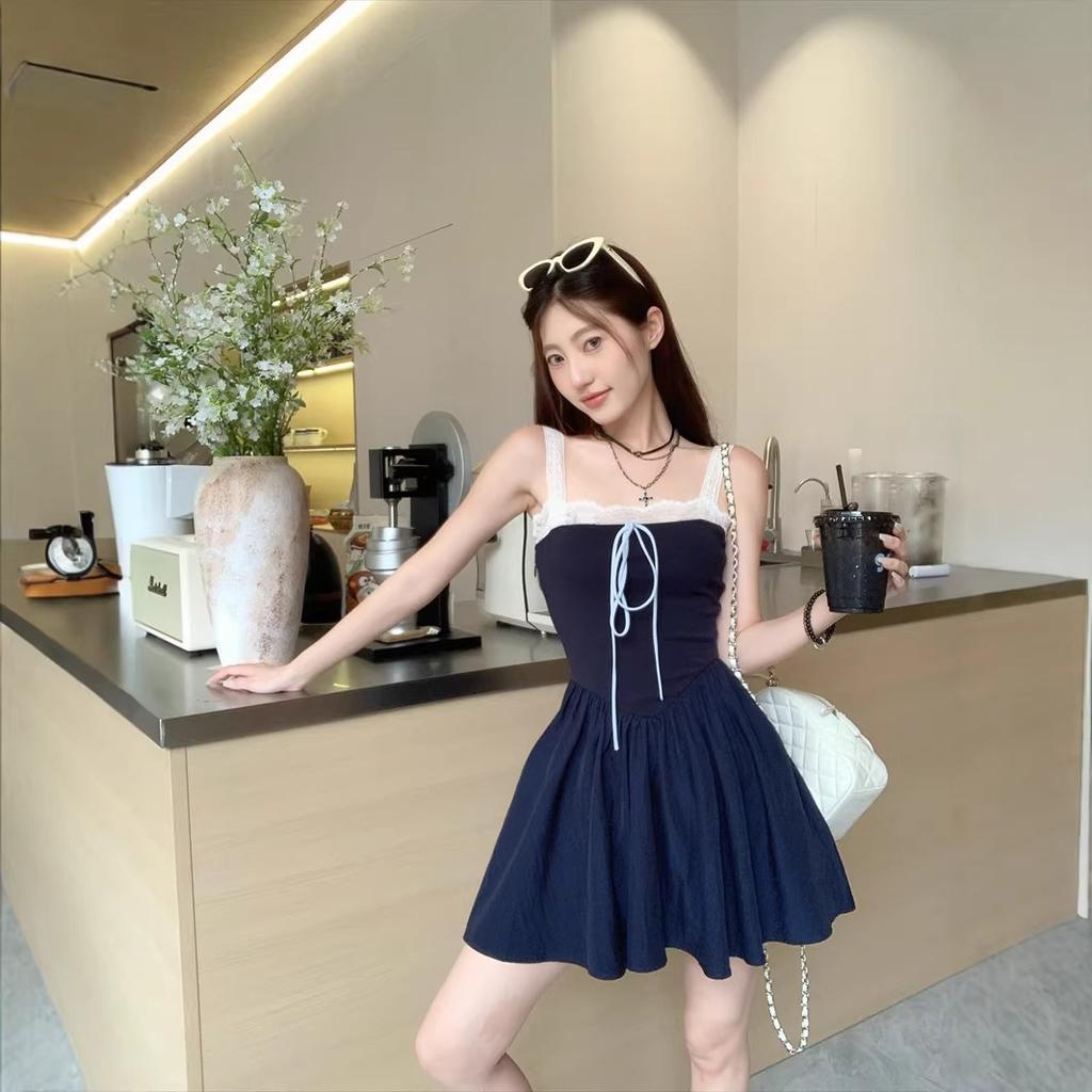 Marineblau schick figurbetontes Pendel Trägerkleid neu High-End-Kleid Damen Sommer