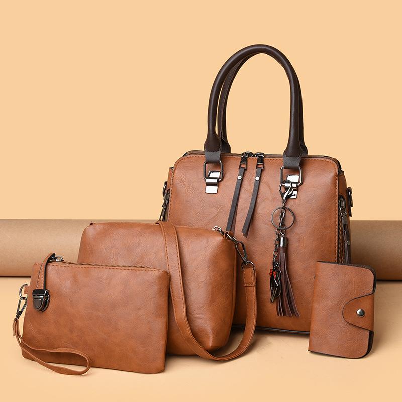 New women's bag, retro messenger bag, fashion child and mother bag, oily leather shoulder four-piece set, women's handbag.
