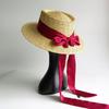 Pălărie de paie de vară cu panglici roșii Pălărie de paie țesută delicat Pălărie cu panglică de panglică sombreros Pălărie de plajă sombreros para mujer