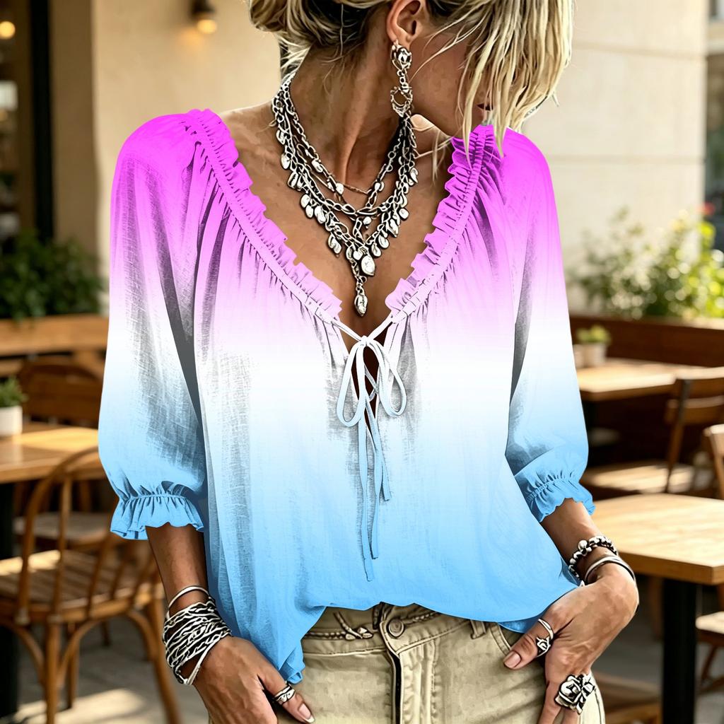 Women's V-Neck Gradient Print Ruffle Blouse with Tie