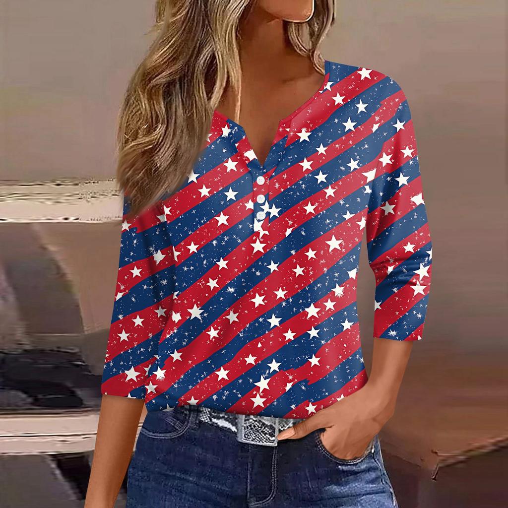 Women's T Shirt Independence Day Print Button 3/4 Sleeve Daily Weekend Fashion Basic V- Neck Regular Top