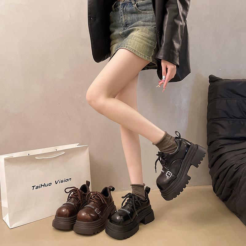 European muffin single shoes, small thick-soled heightened small leather shoes, 2025 spring new fashion high-heeled loafers women's shoes tide