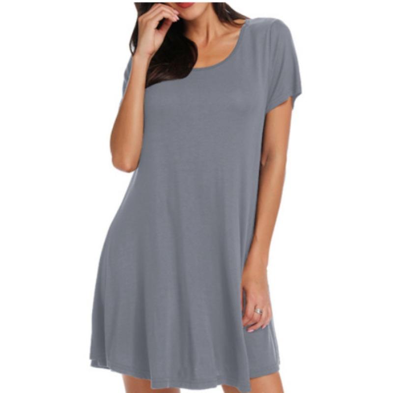 European And American New Round Neck Solid Color Casual Pocket Short Sleeve Big Pendulum Dress Women'S Clothing