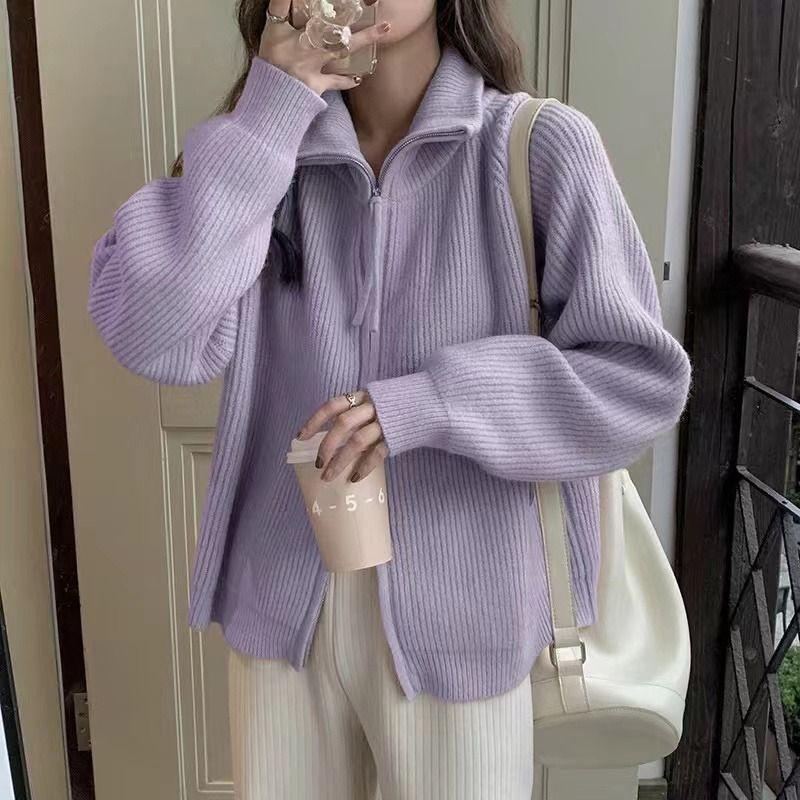 Knitted Cardigan Sweater Female Spring and Autumn Lapel Zipper Sweater Long Sleeve Solid Women Foreign Outerwear Cardigan Female