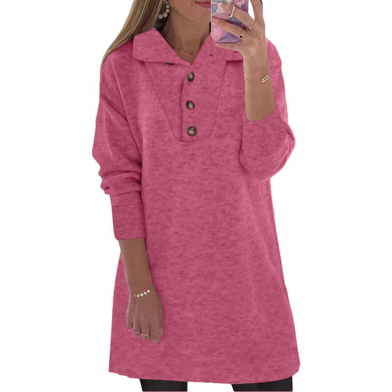 Women's Long Sleeve Shirt Dress Turn Down Collar Loose Waist Casual Solid Knit Sweater Dress