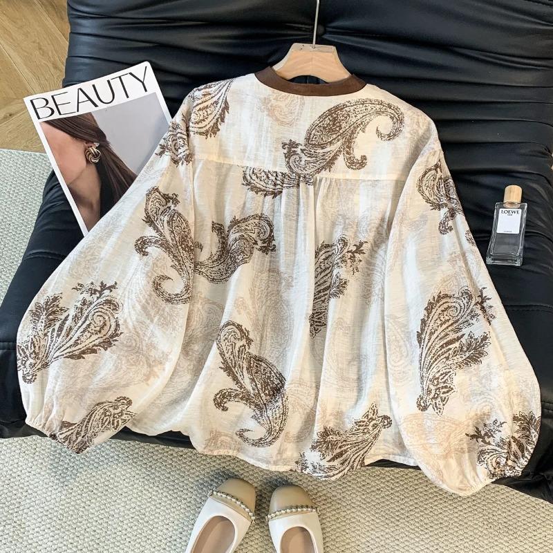 Bohemian Tencel Leinen Bedrucktes Hemd Damen Herbststil Kontrastfarbe Laternenärmel Oberteil