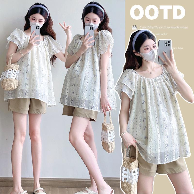 

2026 Summer Loose Maternity Doll Shirt & Belly Support Shorts XL