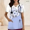 Women Plus Size Blue Printed Scrub Top Keyhole Neck Short Sleeve Nurse Uniform With Front Pockets
