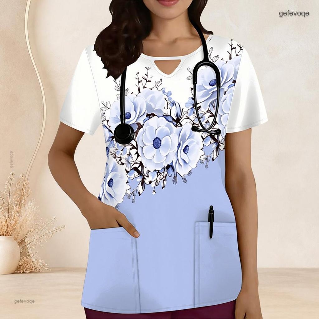 Women Plus Size Blue Printed Scrub Top Keyhole Neck Short Sleeve Nurse Uniform With Front Pockets