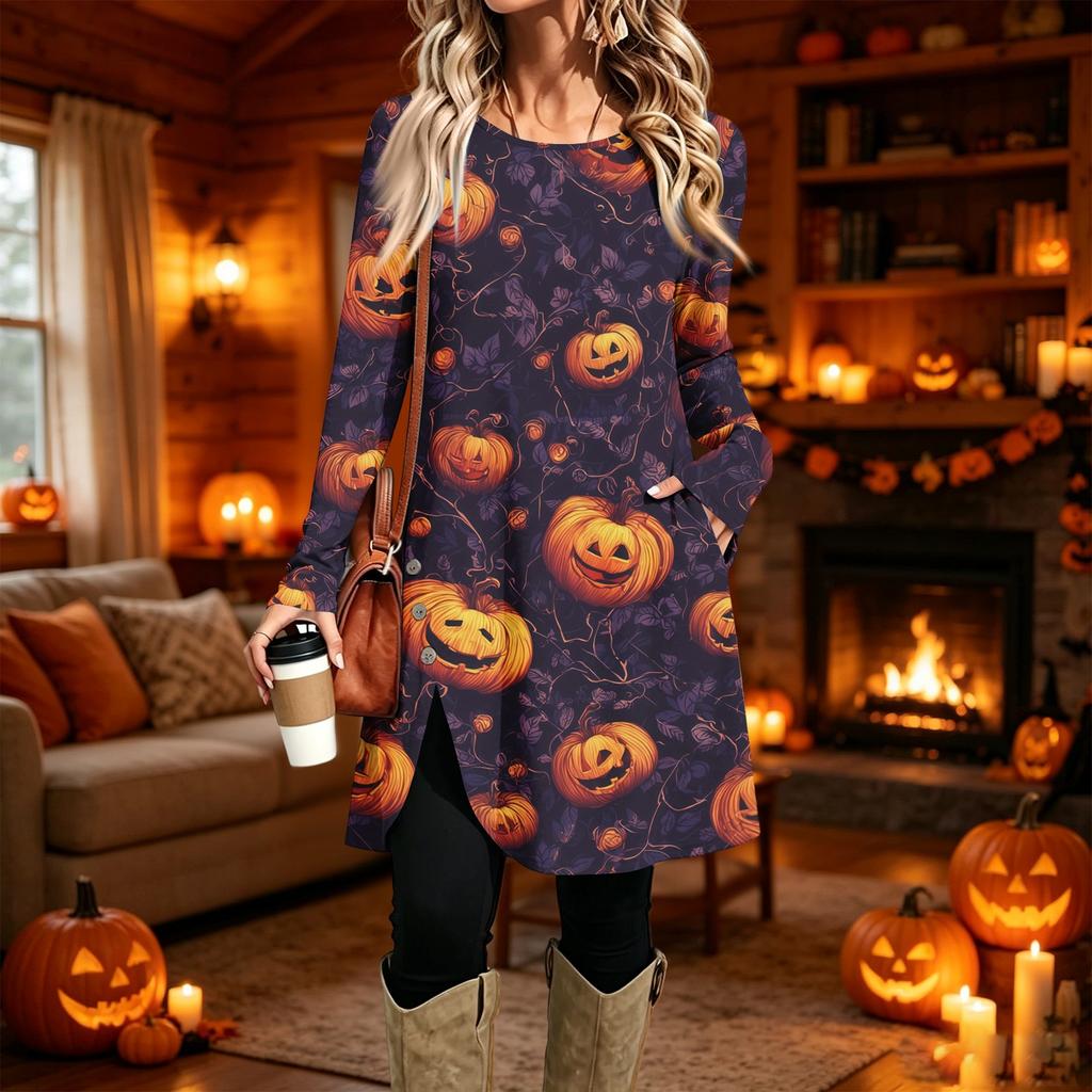 Women's Casual Printed Long Sleeve Neck Dress for Daily Wear