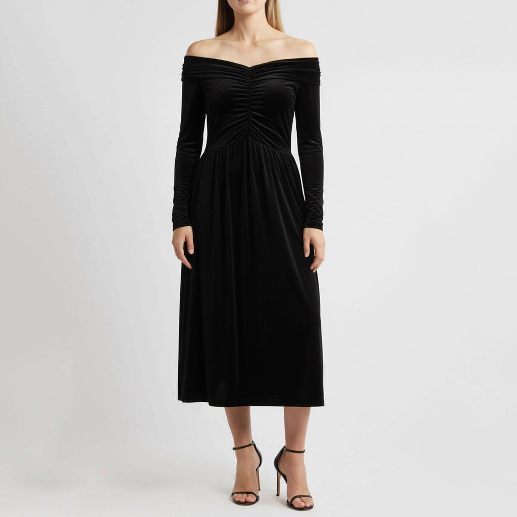 Damenmode Lässiges Samtkleid Einfarbig Elegant Hochtailliert Slim Langarm Schulterfrei Langes Kleid