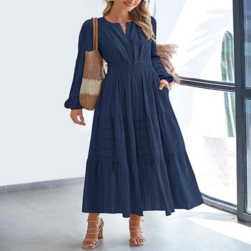 Women's Spring Summer Elegant V-Neck Ruched Waist Flared Long Sleeve Maxi Dress Fashion Casual Party Dress