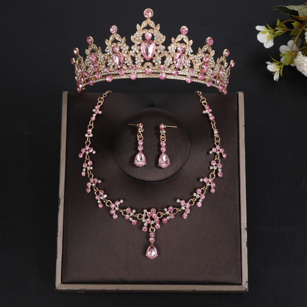 3pcs/set Luxury Bridal Jewelry Sets Crystal Water Drop Tiaras Crown Necklace Earrings Silver Color Sparkling