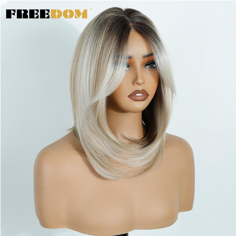 FREEDOM 13x4 Synthetic Lace Front Wigs For Women Short Bob Wig With Bangs Pre Plucked Wear And Go Pre-cut Ombre Blonde Lace Wigs