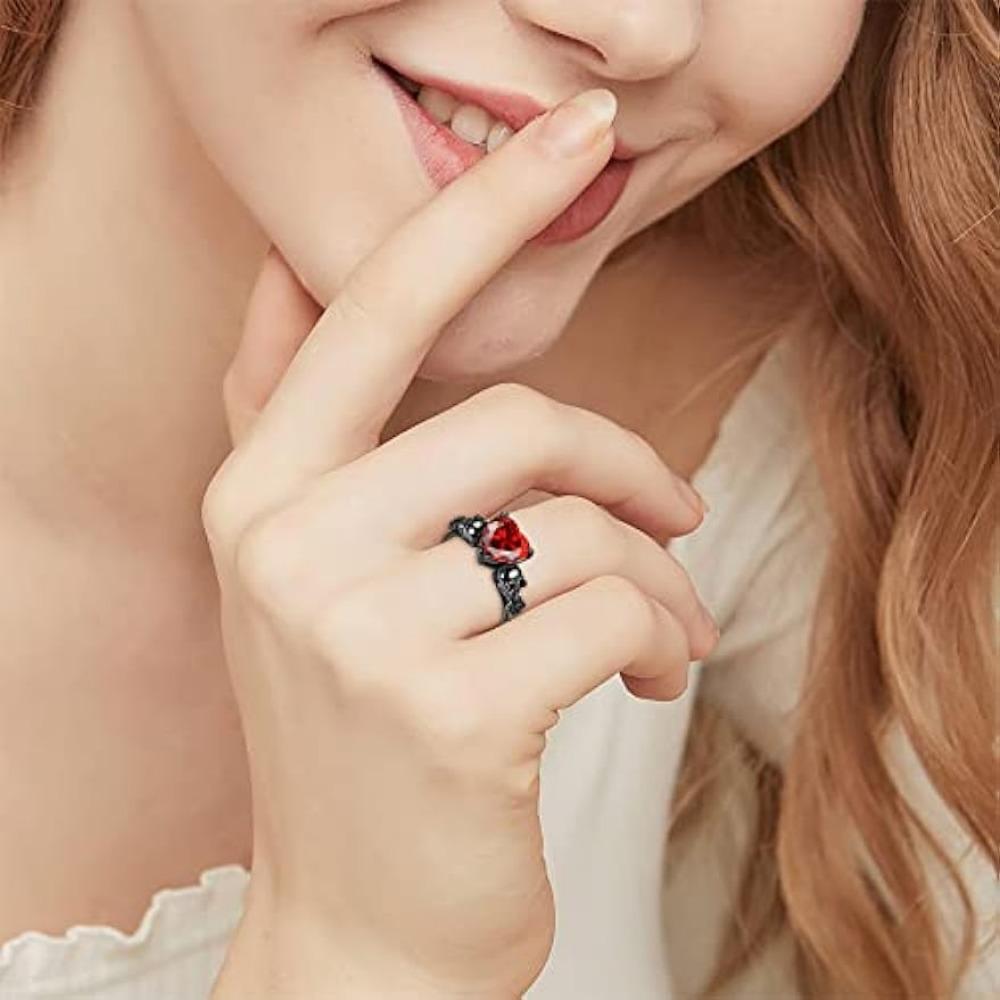 Gothic Skull Black Rose Flower Rings Women Purple Red Heart Crystal Valentine's Day Anniversary Engagement Mother's Day Jewelry