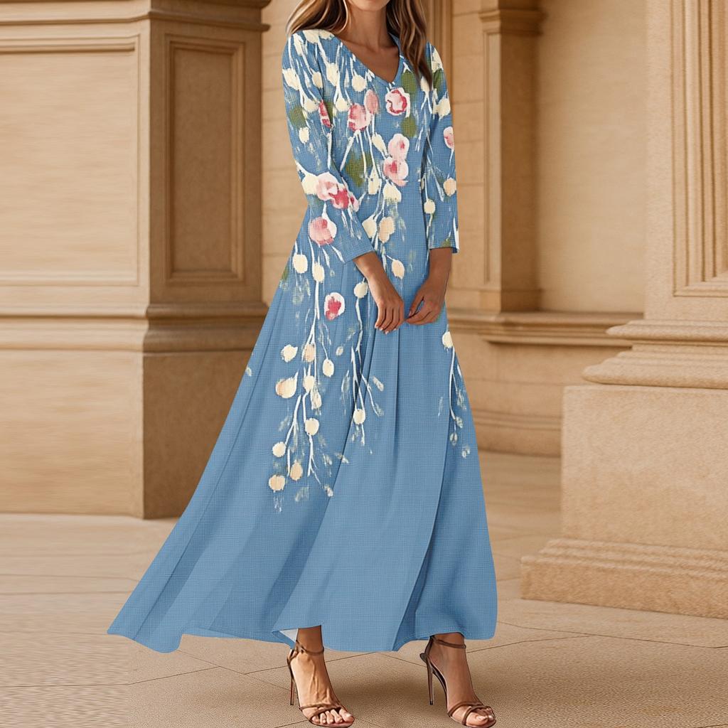 Women's Casual 3/4 Sleeve V-Neck Floral Print Maxi A-Line Beach Dress