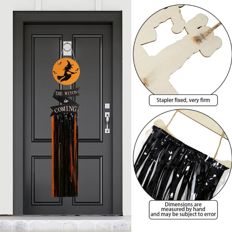Wood Sign with Tassels Halloween Decoration Front Door Hanging Plaques Ornament with Bat Witch Pattern for Home Decors
