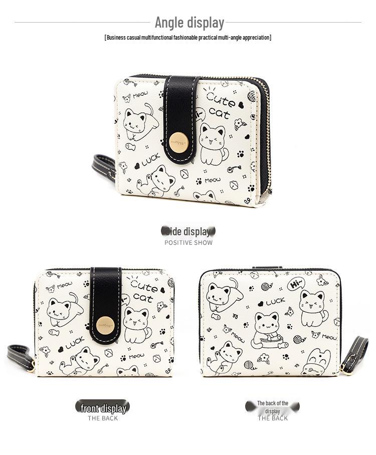 Japanese Cute Kitten Women's Wallet: Short Student Card Holder & Zipper Coin Purse