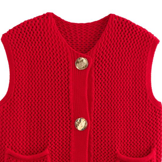 Women Knitting Vest V-Neck Sleeveless Single-Breasted Pocketed Knitting Waistcoat Versatile Solid Color Knitwear
