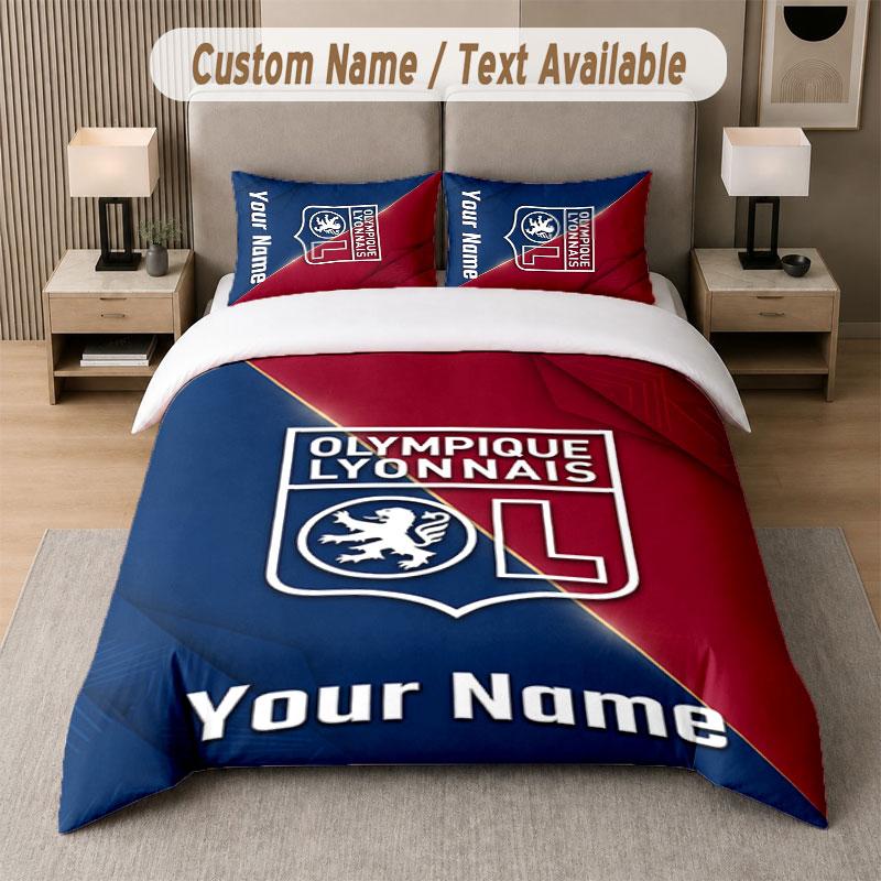 Custom Bedding Set Lyon FC Pattern, Print Name Text 1 Duvet Cover plus 2 Pillowcases Home Textile