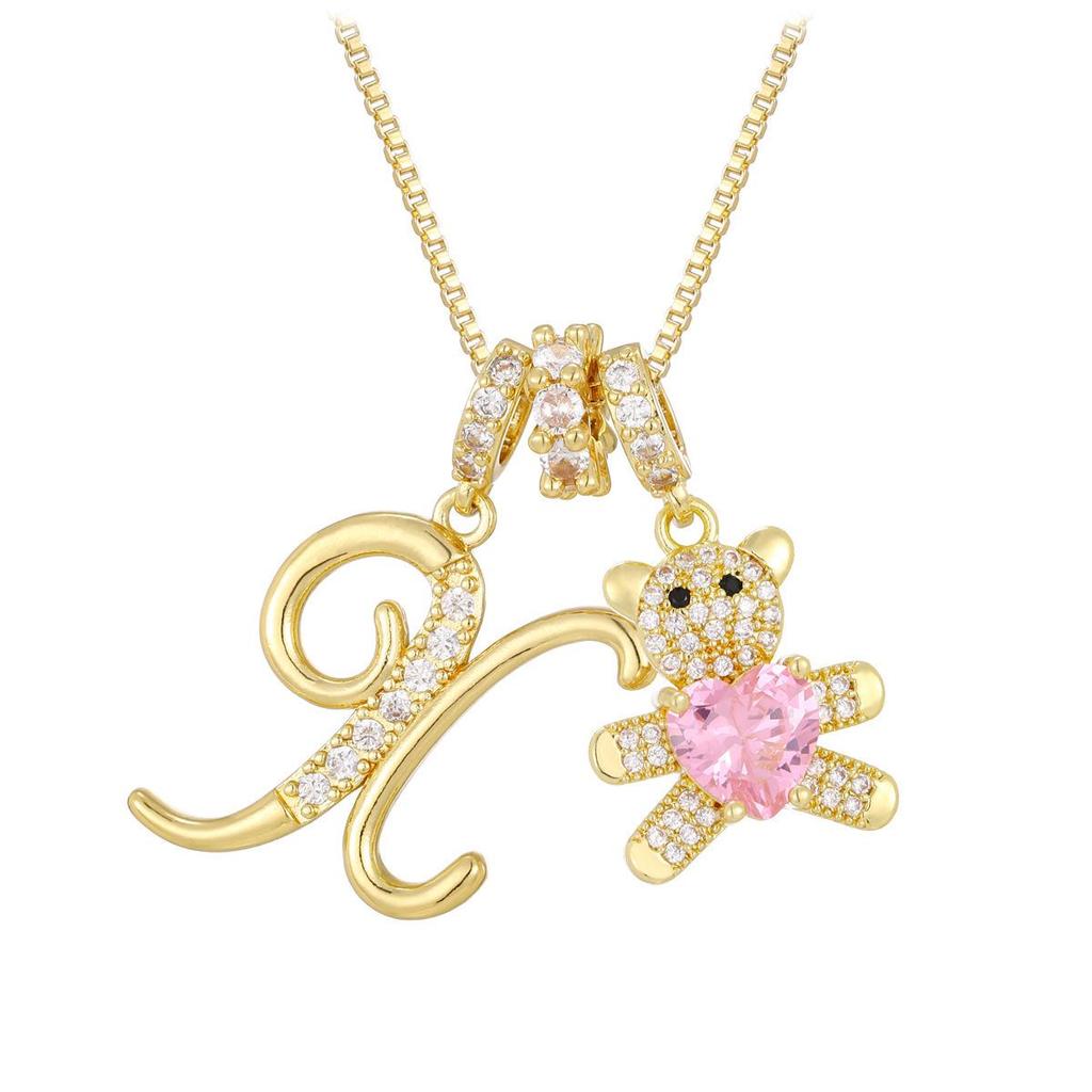 Luxurious Teddy Bear Pendant Necklace with Diamond Inlaid 26 English Letters Charm - European and American Fashion Style