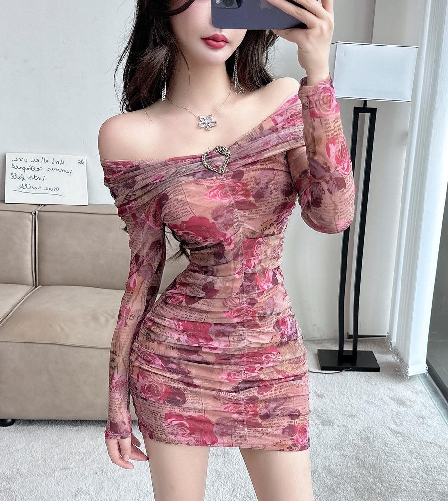 Pure desire sexy one-word shoulder mesh printing tube top dress female summer celebrity temperament pleated hip wrap skirt