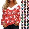 Haut à manches longues décontracté pour femme à la mode avec imprimé de Noël et col en peluche à col V