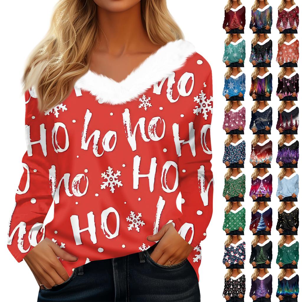 Haut à manches longues décontracté pour femme à la mode avec imprimé de Noël et col en peluche à col V