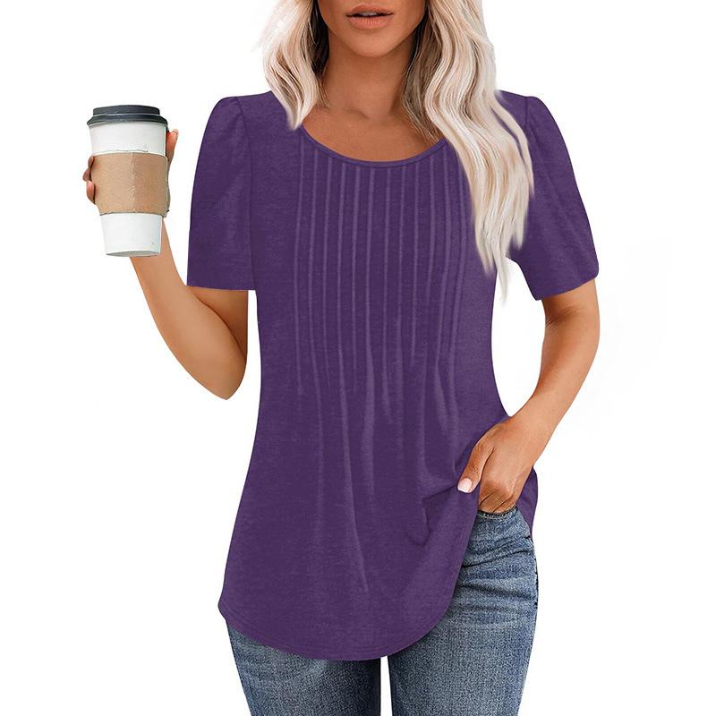 Neues plissee-Rundhals-Kurzarm-T-Shirt Damen-Oberteil Damenbekleidung