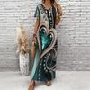 Women Plus Size V Neck Short Sleeve Black Gold Printed Long Straight Maxi Dress