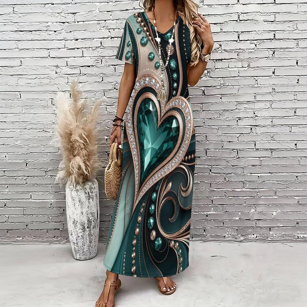 Women Plus Size V Neck Short Sleeve Black Gold Printed Long Straight Maxi Dress