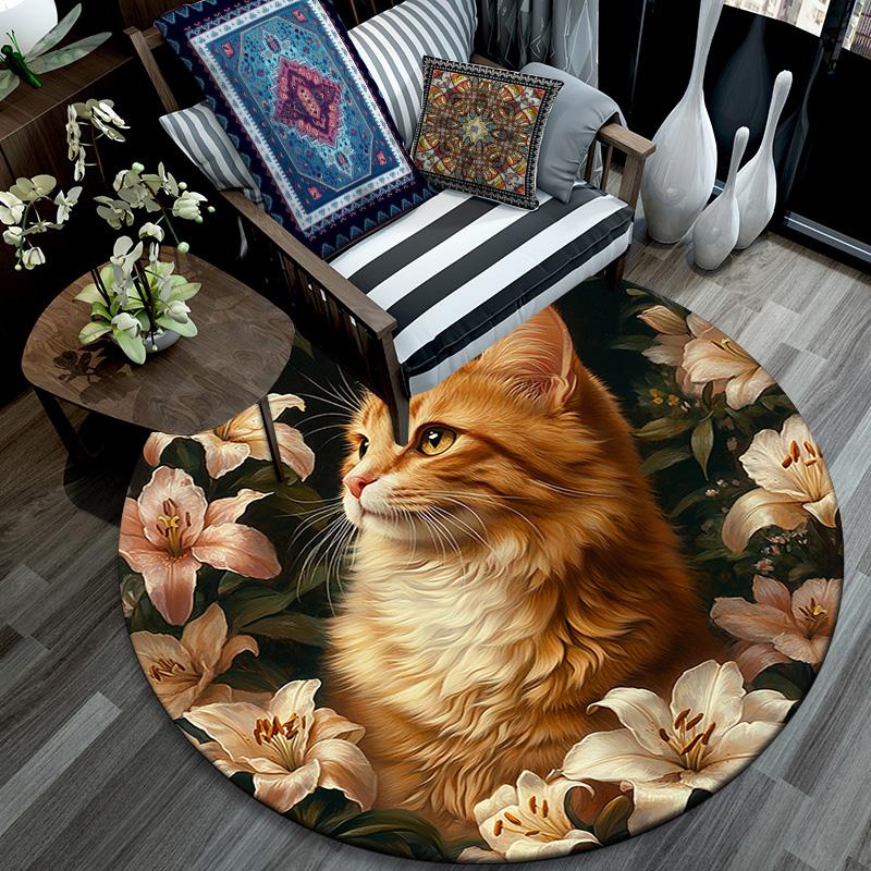 Orange Cat Round Area Rug,Carpet Rug for Living Room Bedroom Sofa Playroom Decor,Non-slip Floor Mat