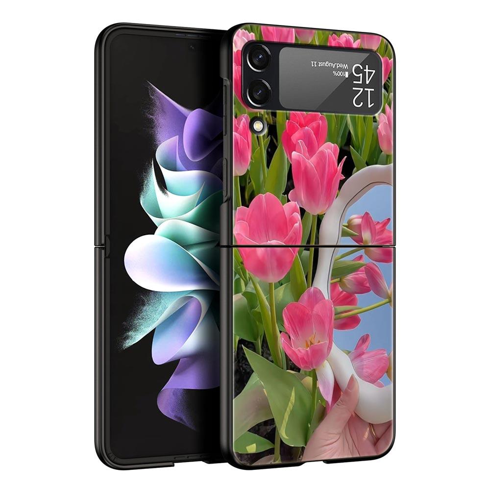 

Phone Case for Samsung Galaxy Z Flip 3 4 5 6 7 Folding For Samsung Z Flip4 Flip5 PC Hard Cover Pink Tulip Flower Love Heart Galaxy Z Flip4