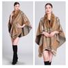 920 Womens Faux Rabbit Fur Collar Knit Cape Cardigan Loose Fit Plaid Winter Coat