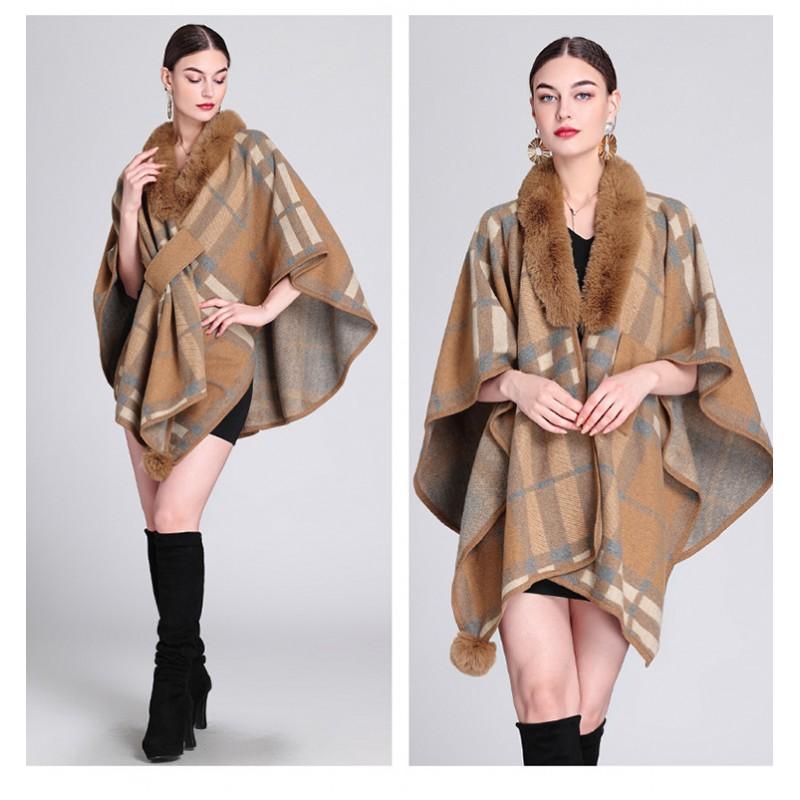 920 Womens Faux Rabbit Fur Collar Knit Cape Cardigan Loose Fit Plaid Winter Coat