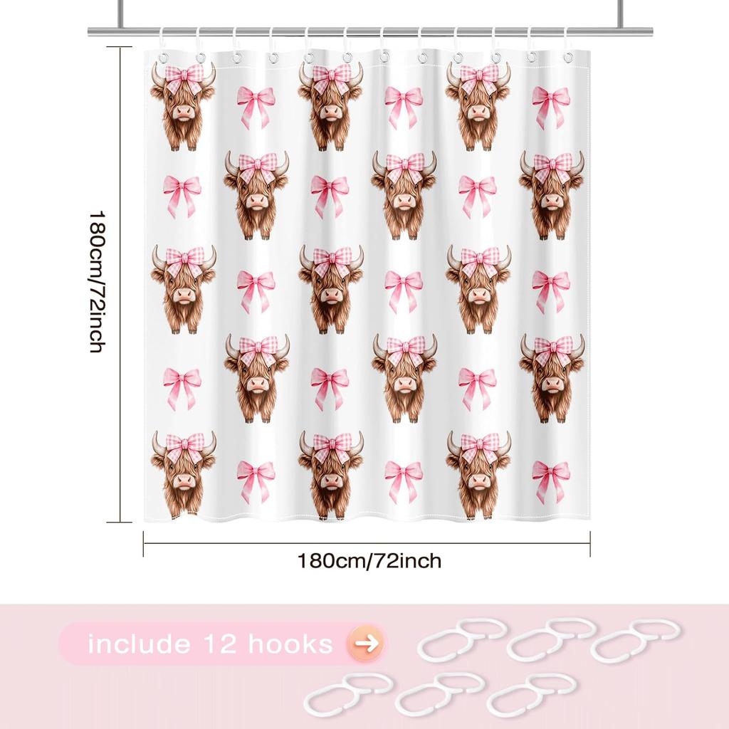Pink Bow Shower Curtain for Bathroom Cute Funny Highland Cow Shower Curtain Waterproof Fabric Bath Curtain for Bow BathroomDecor