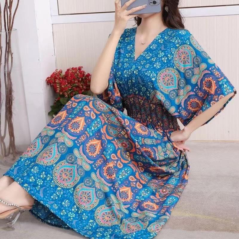 Ethnic Style V-neck Cotton and Silk Short-sleeved Beach Dress Thailand Travel Dress Summer Print Vacation Floral Skirt