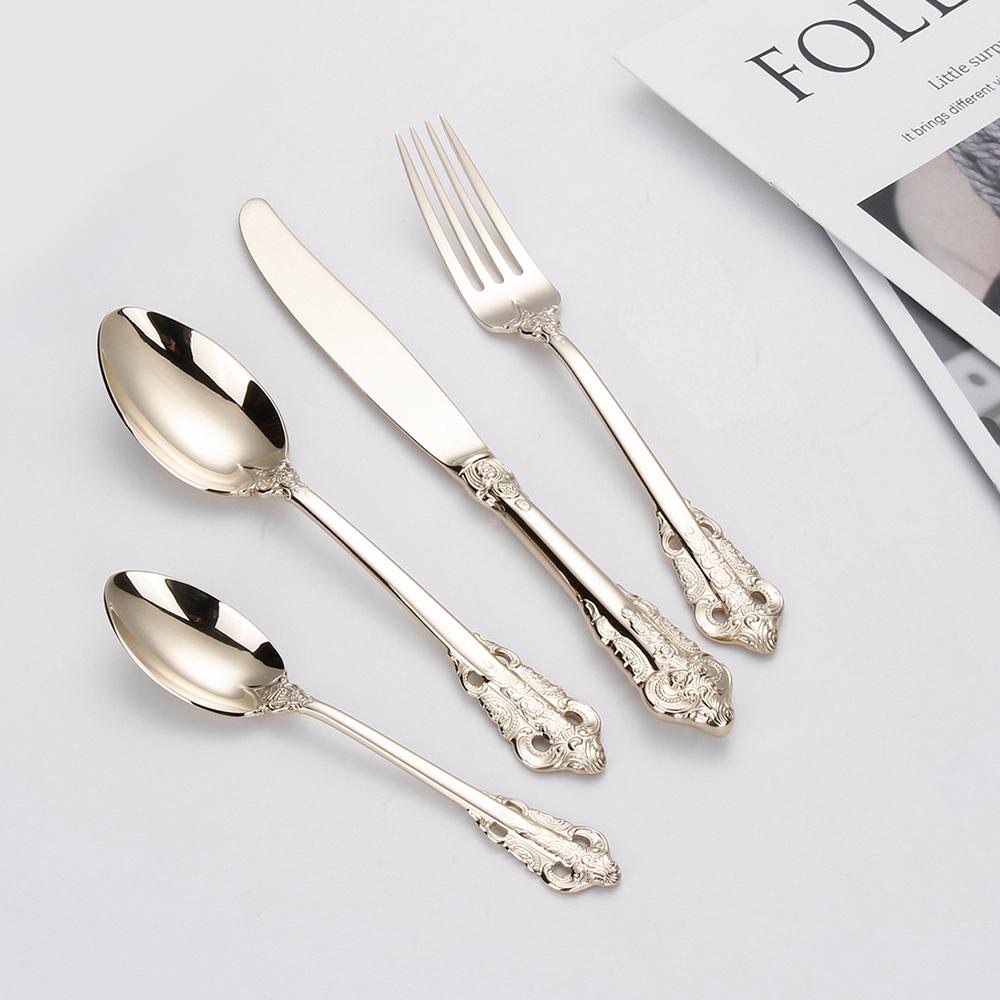 12/15/16/20 Pieces Gold Plated Luxury Cutlery Set Stainless Steel Gold Dinnerware Vintage Western Tableware Fork Spoon Knife Set