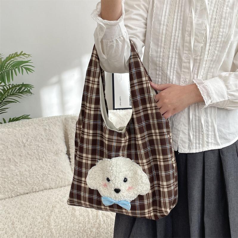 11 Autumn and Winter New Embroidered Puppy Cute Plaid Shoulder Bag Leisure Student Class Handbag