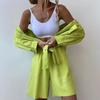  Cross-border Loose Fashion Suit Single-breasted Large-size Women's Clothing Long-sleeved Solid Color Shirt Casual Shorts two-pieCe Set