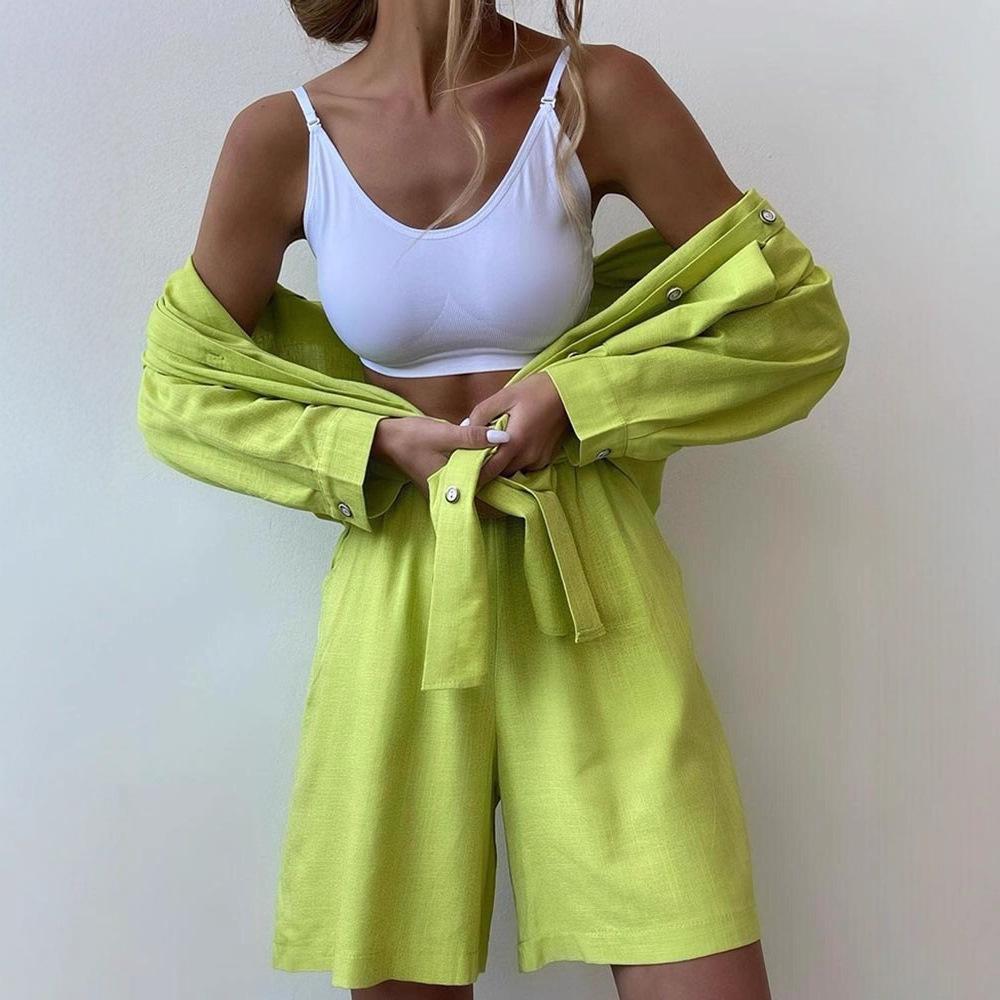 Cross-border Loose Fashion Suit Single-breasted Large-size Women's Clothing Long-sleeved Solid Color Shirt Casual Shorts two-pieCe Set