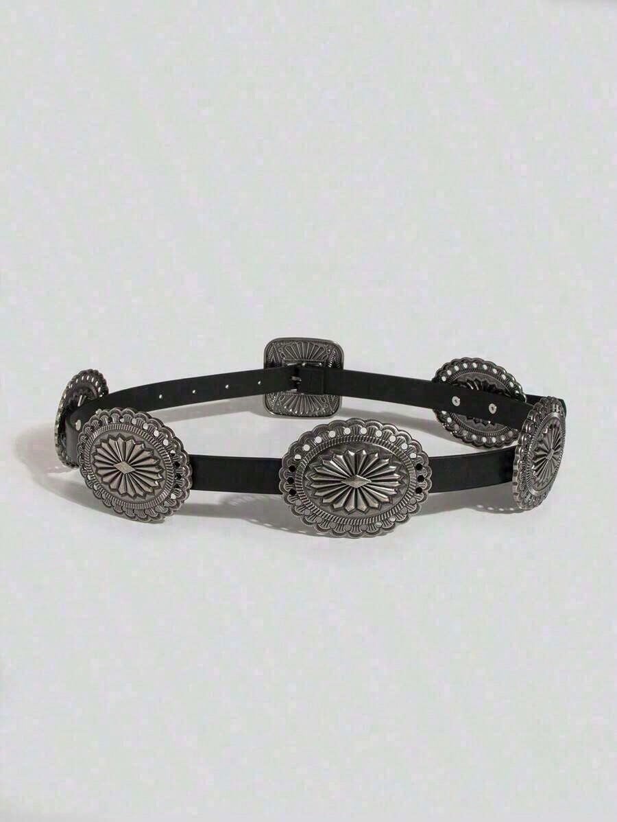 

1pc Women s Punk Style Metal Carved Accessory Cowboy Cowgirl Heavy Duty Belt Boho Halloween Summer, School Fall чорний