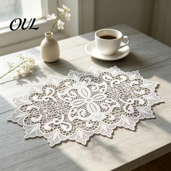 Washable Fabric Doilies for Vases White Lace Doily, Elegant Retro Placemat, Embroidered Table Breathable Polyester Mats Mat, Rectangular Round