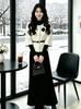 Women's Winter Three-Piece French Coco Style: Regular Shoulder Jacket, Fitted Knit Top, Waist-Cinched Skirt