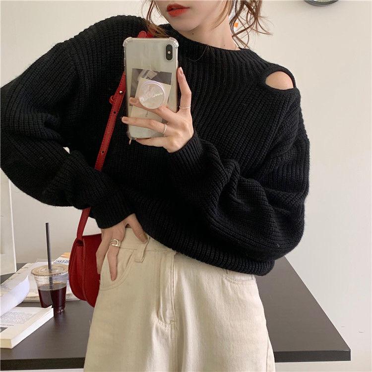 Off Shoulder Sweater for Women Loose Solid Color Round Neck Versatile Knit Sweater