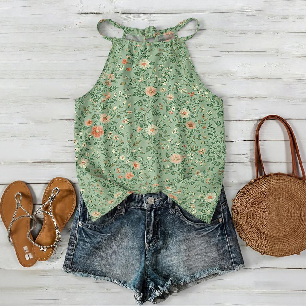 Damen ärmelloses Boho-Tanktop mit Blumendruck Verstellbarer Träger Lässige Sommerbluse Leicht Lockerer Schnitt