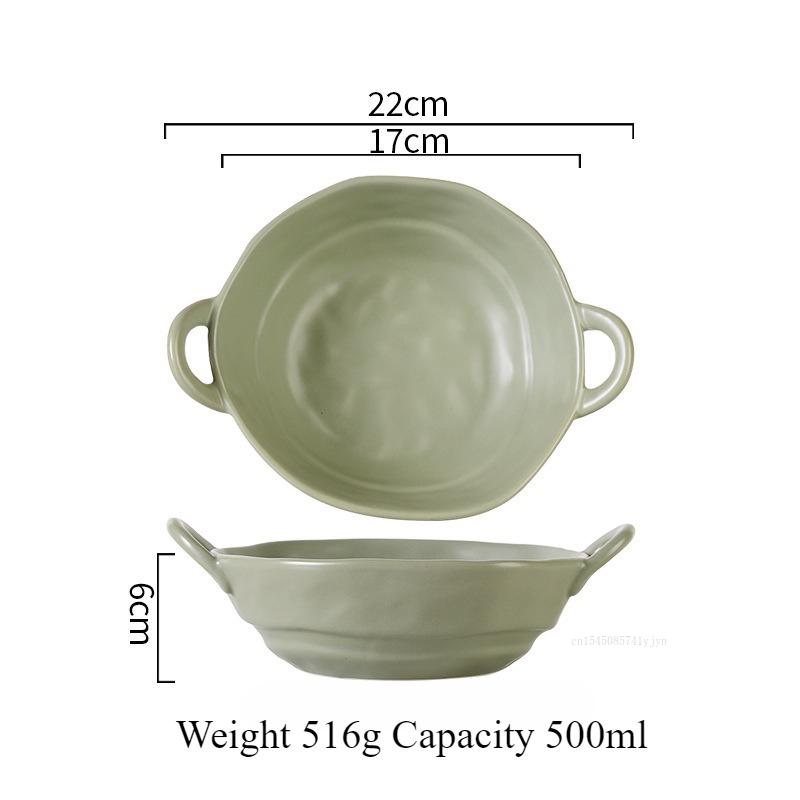 Ceramic Salad Bowl with Handle Binaural Bowl Irregular Ceramic Kitchen Soup Noodles Dessert Salad Bowl Heat-resistant Design 1PC